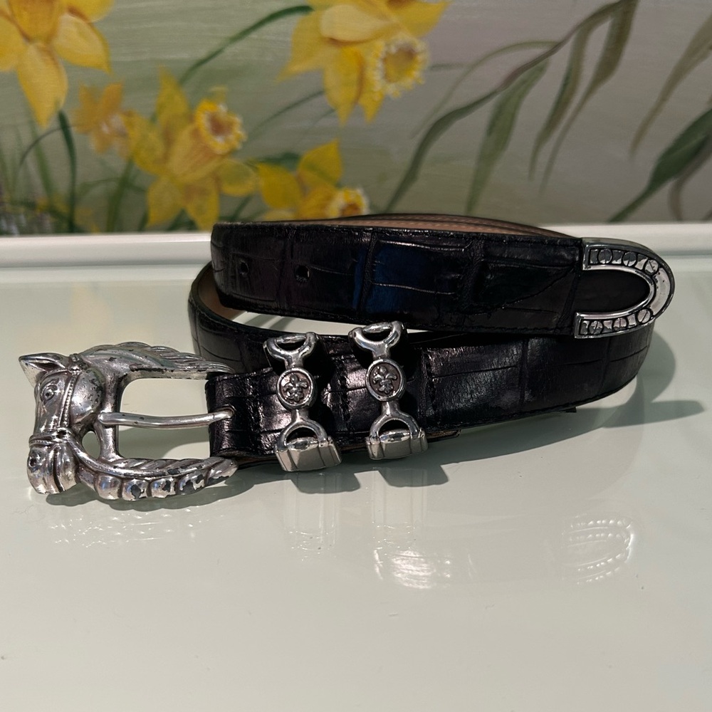 Brighton Black Leather Croc-Embossed Belt with Silver Horse Head Buckle. Vintage